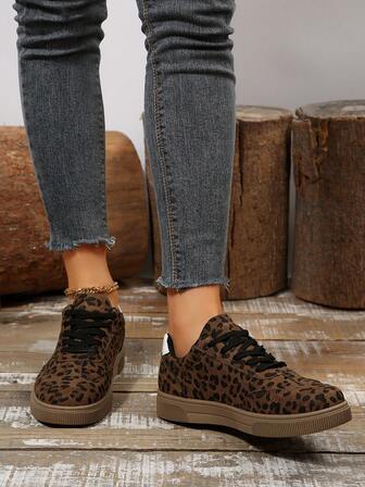 Damen weiche, bequeme, leichte Leoparden-Muster Laufschuhe mit rundem Zehenbereich und Stoßabsorption, niedrige gestreifte Schnürsneaker, geeignet für Paar, Studenten, Lässig, Mehrzweck, Outdoor-Sport und mehr