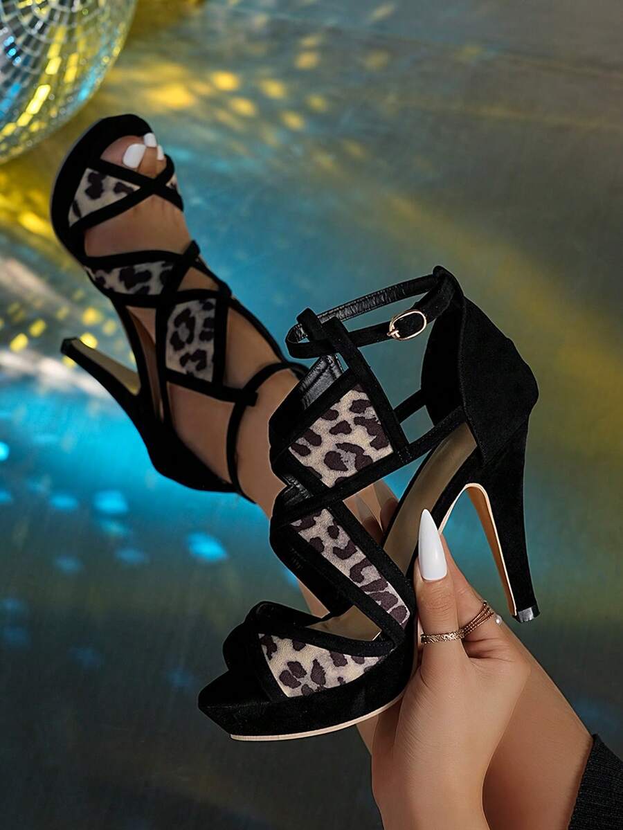 Plus Size Women's Leopard Print Criss-Cross Platform High Heel Sandals, Sexy Goddess Office Buckle Nightclub Shoes - Khaki - View 1