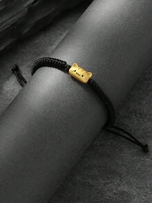 1条可爱3D铜猫可调节编织黑绳手链，适合女性，学院风，休闲日常佩戴 - 黑色 - 查看 5