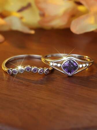 1 Set S925 Sterling Silver Square CZ Wedding Rings, Unisex Rings, Inlaid Purple Cubic Zirconia, Geometric Stackable Couple Jewelry