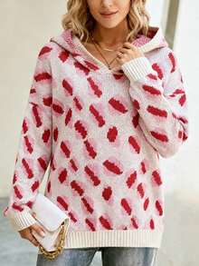 Women's Pullover Sweater, Leopard Print Hooded Knit Sweater With Graphic Print Design, Fashionable