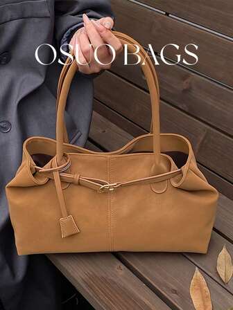 Bolso de hombro/tote de gran capacidad de unicolor de cuero de PU vintage para mujer, bolso casual clásico y sencillo para ir al trabajo, otoño/invierno