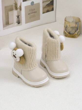 1 par snöstövlar för små flickor, bekväma och varma, tecknade dekorationer med dragkedja i sidan, lämpliga för utomhusbruk varje dag på hösten/vintern
