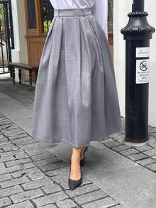 PoPoHouse女装半身裙秋冬气质优雅简约通勤高腰A字中长款裙子 - 灰色 - 查看 1