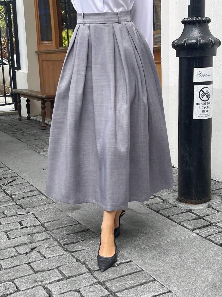 PoPoHouse女装半身裙秋冬气质优雅简约通勤高腰A字中长款裙子 - 灰色 - 查看 1