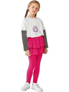 2 Pack Girls Leggings With Skirts Stretch Warm Uniform Pants 4-14 Years - Hot Pink, Pink - View 6