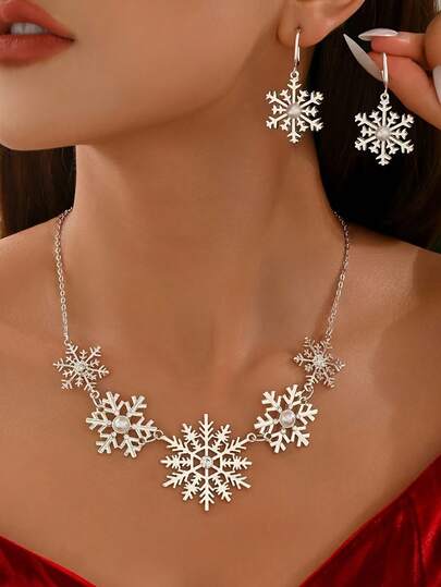 2pcs/Set Christmas Snowflake Pendant Necklace & Earrings Set, Elegant & Minimalist Design, Autumn/Winter