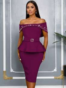 AOMEI Elegant Women Party Evening Dress Sexy Nail Bead Purple Off Shoulder Peplum Package Hip Christmas Birthday Event Dresses New - Purple - View 2