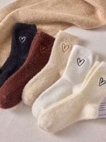 [Tất ấm] 5/10 đôi tất giữ nhiệt mùa đông bằng vải nhung lông cho bé gái với thiết kế biểu tượng trái tim - Tất ngắn mềm mại, mịn màng để đi bộ trong nhà và ngoài trời, chỉ giặt tay, quà tặng ấm cúng, tất mềm mại, giày dép thoải mái, đồ dệt kim thời trang - Nhiều màu - Xem 5