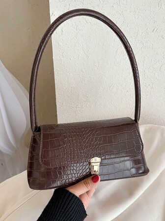 1个咖啡色鳄鱼皮便携通勤可锁时尚简约复古多功能单肩手提包，适合女性日常使用