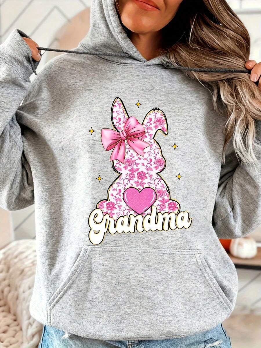 Women Hoodie Easter Bunny Pink Floral Grandma Print Lady Winter Sweatshirt For Spring Family Celebration Party Gift - Grey - View 1
