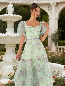 VIPGIRL Off-Shoulder Floral Print Mesh Waist Elegant Women Evening Gown - Green - View 5