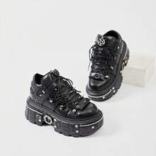 Women's Platform Biker Boots Lace Up Motorcycle Ankle Boots Black Metal Combat Y2K Goth Punk Booties Fashion Shoes Outdoor Footwear Rock Boots - 黑色 - 查看 6