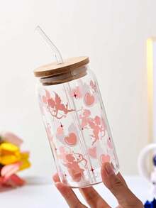 1pc 16oz Transparent Coffee Cup, Made Of High Borosilicate Glass With Cartoon Star, Moon, Heart, Angel Eye Design, Comes With Bamboo Lid And Straw, Large Capacity Outdoor Travel Beverage/Juice Cup, Suitable For Autumn And Winter, Valentine's Day Birthday/Holiday Party Gift, Christmas Gift Glass Water Bottle