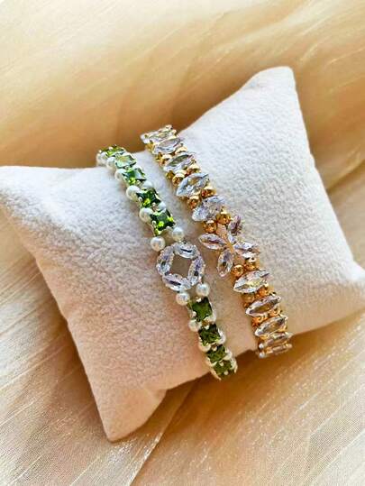 1pc Classic Zirconia Clover Bracelet, Delicate Faux Pearl & Golden Bead Accented, Sparkling Zirconia Four-Leaf Clover Women's Bracelet, Luxury & Suitable For Daily Wear And Formal Occasions