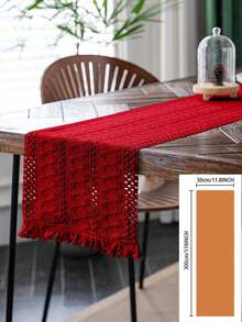 1 pieza Tapete de mesa estilo vintage americano country de color rojo sólido tejido con flecos, mantel rectangular para mesa de café, mueble de TV, fiesta festiva, cumpleaños, decoración del hogar, para todo el año - Rojo - Ver 21