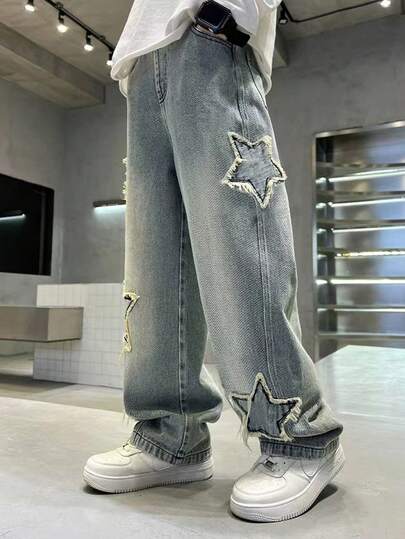 Teen Boy Straight Leg Distressed Denim Jeans, Fashionable Pentagram Flared Pants