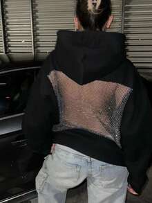 Mesh Back Hoodie Women Hollow Backless Oversized Sweatshirts With Pocket Y2k Party Sparkly Fleece Pullover - 黑色 - 查看 2