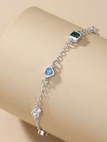 1条S925纯银小爱心手链，女士简约方形祖母绿锆石水滴轻盈奢华手链，个性化椭圆形手链礼品 - 方形 - 查看 2