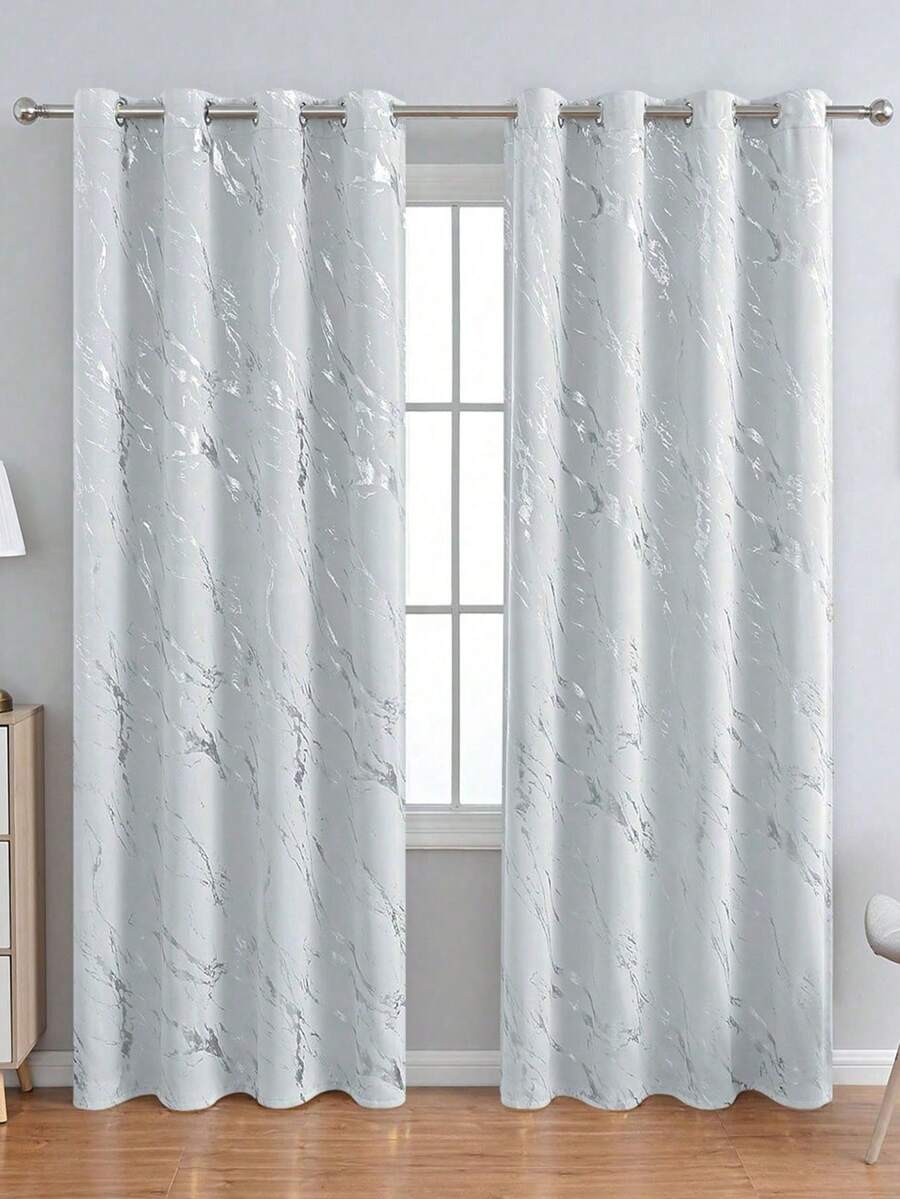 1pc High Blackout Metallic Silver Curtain Fabric, Soundproof Privacy Curtain Panel With Marble Texture Decor, Suitable For Living Room, Bedroom, Balcony - White - View 1
