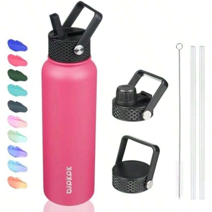 BJPKPK - Botellas de agua aisladas con tapa de popote, termo frío y caliente de 22 onzas, botella de agua de metal de acero inoxidable con 3 tapas, termo reutilizable, tazas, tazas para uso diario(1.2 Litros ROSA ROSA) - Multicolor - Ver 1