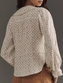 Women Y2k Peter Pan Collar Shirts Ruffle Puff Long Sleeve Button Down Babydoll Blouse Lapel Going Out Tops Fall - Red and White - View 3