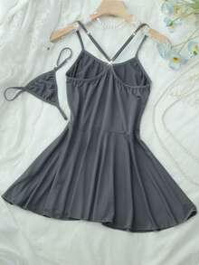 1 Bộ đồ lót gợi cảm cho nữ, váy ngắn hai dây màu trơn - kiểu babydoll chữ A hở lưng với dây đeo có thể điều chỉnh, đồ ngủ mềm mại, tôn lên vẻ thanh lịch nữ tính, quần lọt khe cùng màu, hoàn hảo cho tuần trăng mật, kỷ niệm, hẹn hò, buổi tối lãng mạn, tiệc ngủ, đồ mặc nhà, quà tặng. - Màu xám đen - Xem 7