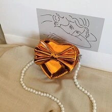 PU皮革蝴蝶结装饰女童单肩包，珍珠肩带，心形迷你斜挎包 - A - 查看 13