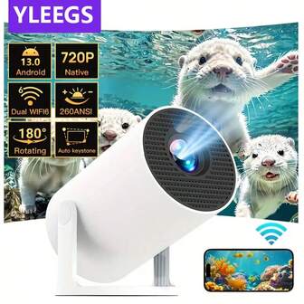 Proyector HY300 con sistema Android 13.0, proyección inalámbrica - 200 ANSI HD, Wifi dual 5.0, calibración automática, 1280X720P, cine en casa, compatible con 3D, control por botones, instalación de escritorio, proyector de cine en casa | Diseño cilíndrico moderno | Avanzado