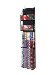 1 pieza Bolsa de almacenamiento de papel de embalaje negro, bolsillo transparente, organizador de papel de regalo, colgante en la puerta, caja de almacenamiento de papel de embalaje de tela Oxford negra con bolsillo, estante plegable para papel de regalo, organización del hogar - Negro - Ver 8