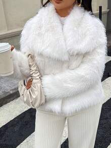Seelio 秋冬新款厚人造毛领人造毛内衬中长款时尚皮草大衣 - 純白色 - 查看 4
