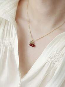 1pc Fashion Red Cherry Chain Pendant Necklace - Multicolor - View 1