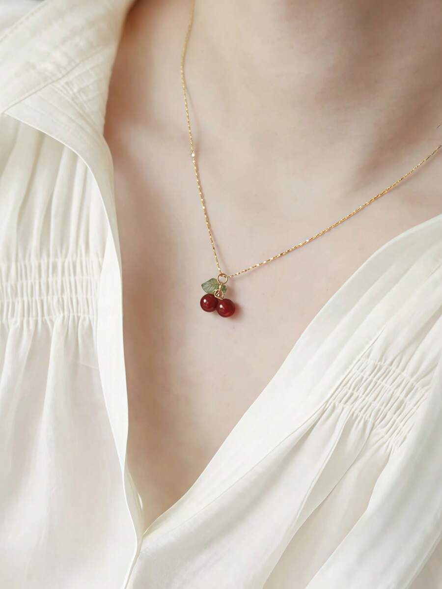 1pc Fashion Red Cherry Chain Pendant Necklace - Multicolor - View 1