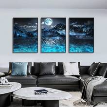 3幅无框帆布海报，现代艺术，山水湖泊风景装饰画，适用于卧室、客厅、走廊，墙面艺术，墙面装饰，冬季装饰，房间装饰 - 藍色 - 查看 3