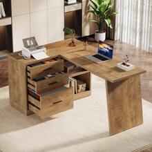 LITTLE TREE 55-Inch L Shaped Computer Desk With 3 Drawers, Corner Home Office Desk With Storage Shelves, Farmhouse Wood Executive Desk For Work Writing Sturdy, Gaming, Brown - 棕色 - 查看 7