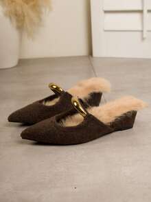 Dép lê mũi nhọn tối giản dành cho nữ, kiểu Pháp, gót chunky, gót trung bình, hở gót, mũi kim loại, đế xuồng. - màu nâu - Xem 7