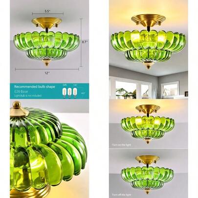 Black Semi Flush Mount Ceiling Light With Green Glass Shades 3-Light Modern Farmhouse Lighting Fixture For Kitchen Bathroom Hallway And Entryway