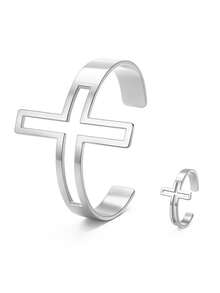 2pcs/Set Stainless Steel Men's Jewelry Set, Hollow Cross Adjustable Bracelet & Ring, Punk Style Suitable For Music Festivals - Bracelet + Ring - View 7