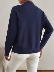 Plus Size Solid Color Stand Collar Knit Sweater - Navy Blue - View 2