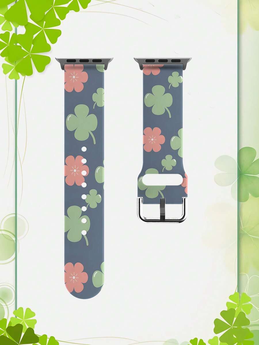 一条印有四叶草图案的硅胶智能手表表带。这款通用型 20-22 毫米表带具有广泛的兼容性：兼容华为 Watch GT3/GT4、三星 Galaxy Watch6 以及 Series 1 至 Series 9、SE 和 Ultra（表壳尺寸 38-49 毫米）。