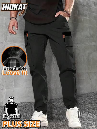 Hidkat Plus Size Men's Outdoor Cargo Pants - Durable Polyester, Multi-Pockets, Elastic Waistband With Belt Loops, Lightweight & Breathable, Suitable For Hiking, Camping And Casual Wear