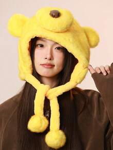 1pc Women's Cute Bear Ear & Nose Design Hat, Fashionable Casual Versatile Warm Earmuff Hat, Suitable For Autumn/Winter Outdoor, Sports, Commuting, Thickened Comfortable Fuzzy Ball Long Cord Plush Hat, Suitable For Daily And Holiday Use