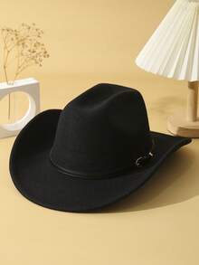 1pc Unisex Belt Decor Handmade Wide Brim Panama Hat Cowgirl Hat Ridge Cowboy Hat Western Suitable Soft Felt Hat Fedora Hat - 黑色 - 查看 2