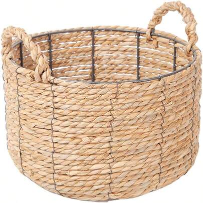 Round Wicker Storage Basket Woven Large Water Hyacinth Bin With Handles For Organizing Home Living Room Bedroom Bathroom Or Entryway 12''x 7'' Natural Fiber Decorative Storage Solution With Durable Handles And Elegant Rustic Style
