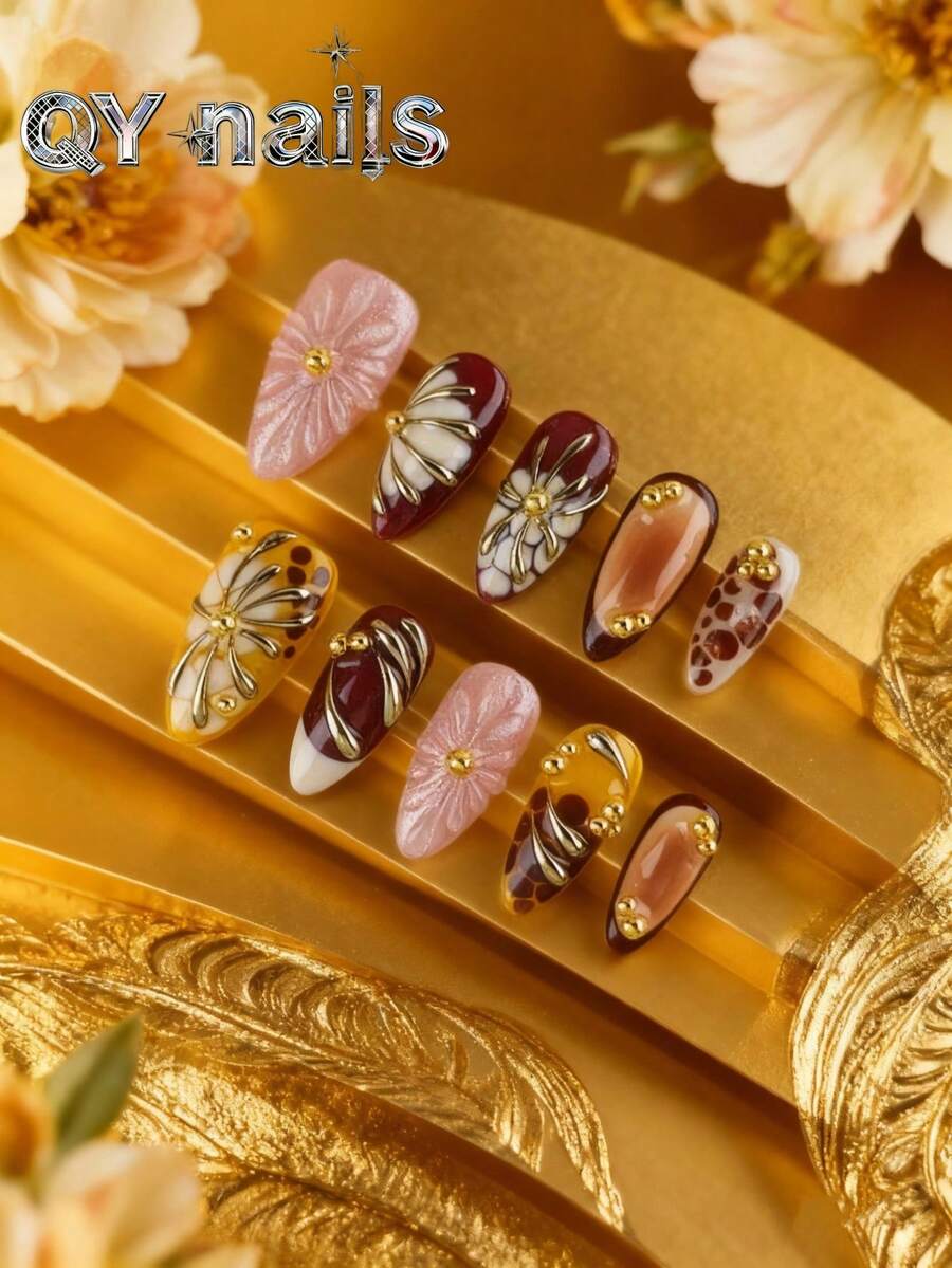 10片/套杏仁形美甲贴纸,时尚美甲,冬季美甲,酷炫风格,薄荷绿美甲贴纸,可移除,适合派对、舞蹈、日常佩戴、学生聚会、上班族角色扮演,可重复使用的按压式设计,包含果冻胶和指甲锉配件 - 金色 - 查看 1