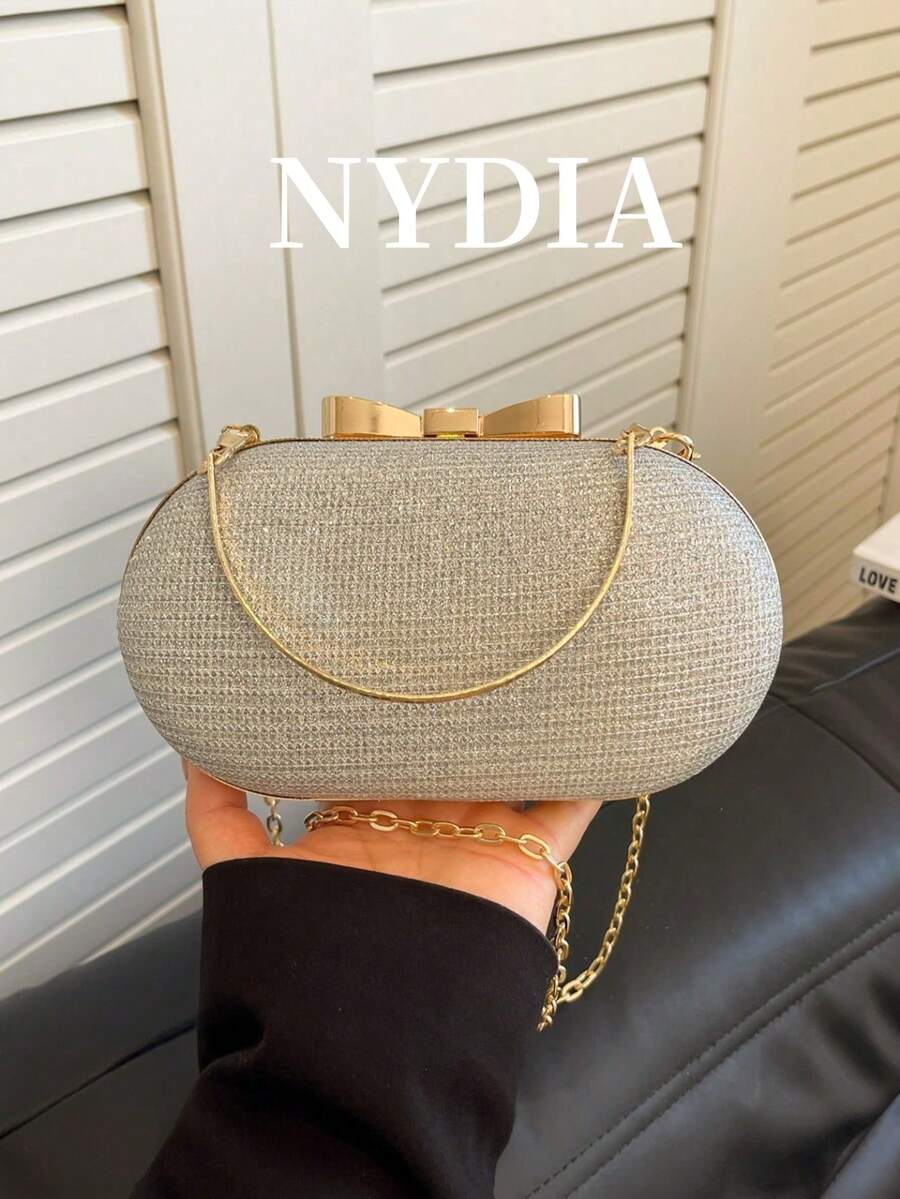 Fashionable Mini Glamorous Metal Chain Shiny/Sequin Portable Gold Women's Evening Bag, Elegant Wedding Crossbody Handbag - Silver - View 1