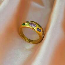 VKHK 1 pieza Anillo sencillo decorado con circonita colorida chapado en oro de 18K de acero inoxidable de lujo, adecuado para uso diario y bodas de mujeres, regalo