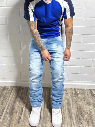 Stretch Denim Jeans, Men's Straight Fit Daily Slim Fit Skinny Jeans, Cotton Fabric With Slant Pockets, Versatile Style