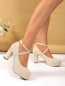 Women's Apricot New Fashion Comfortable Round Toe Slip-On Shoes, Solid Color Simple Fabric Upper, Ankle Strap Buckle Design, Elegant Minimalist Style, Suitable For Spring/Summer Outdoor, Office, Party, Chunky High Heel - Apricot - View 3