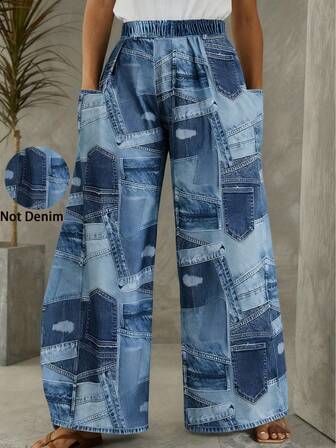 Fashionable Plus Size Women's Long Pants Knitted Fabric With Medium Stretch Pocket Detail And Unique Patchwork Design